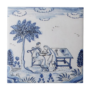 De Cerâmica Azulejo Antiquado - Cena Pastoral Azul e Branco-9