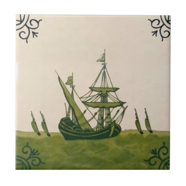 De Cerâmica Azulejo Antiquado Minton Hollins Delft Boat #4 Rep (Frente)
