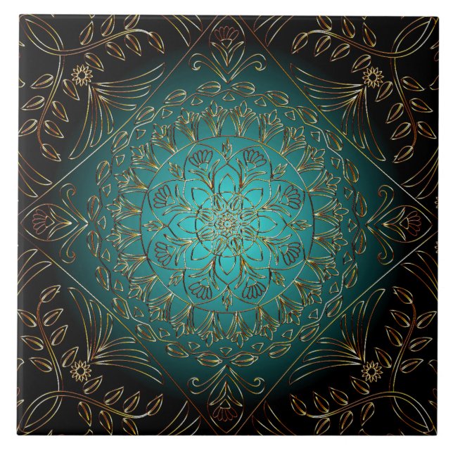 De Cerâmica Azulejo Aqua Dourado Decorativo Cerâmico (Frente)