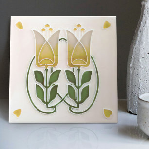 De Cerâmica Azulejo Art Nouveau Antigo Tulipas & Corações Gibb