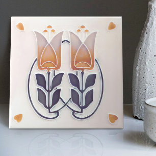 De Cerâmica Azulejo Art Nouveau Antigo Tulipas & Corações Gibb