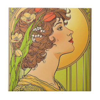 De Cerâmica Azulejo Art-nouveau Musa com flores da primavera