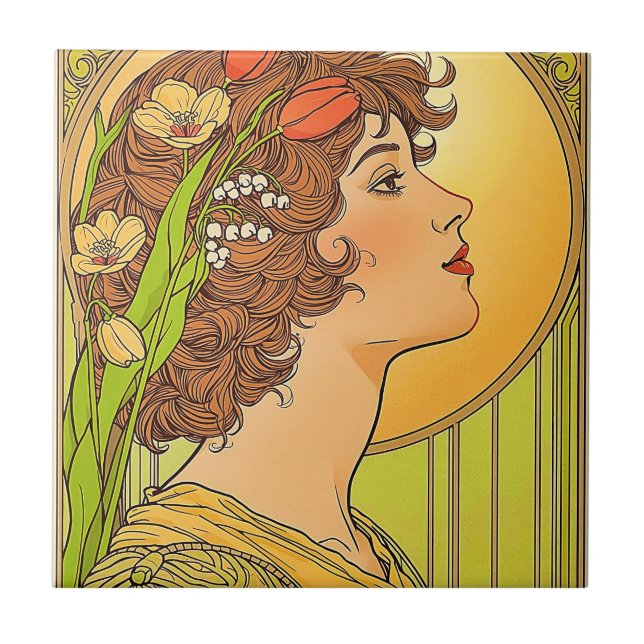De Cerâmica Azulejo Art-nouveau Musa com flores da primavera (Frente)