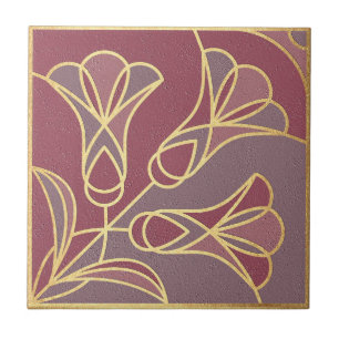 De Cerâmica Azulejo Arte Deco Floral. Mauve e Dourado