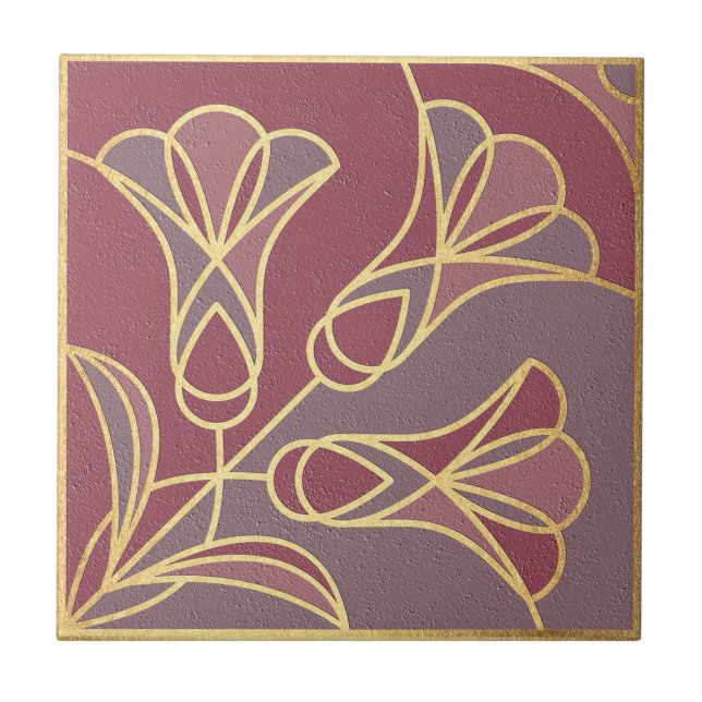 De Cerâmica Azulejo Arte Deco Floral. Mauve e Dourado (Frente)