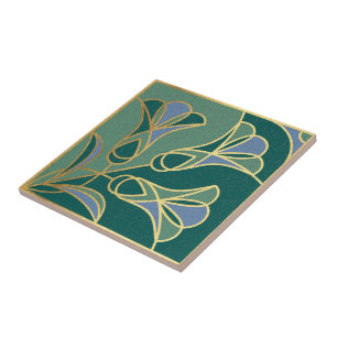De Cerâmica Azulejo Arte Deco Floral. Verde, Azul e Dourado