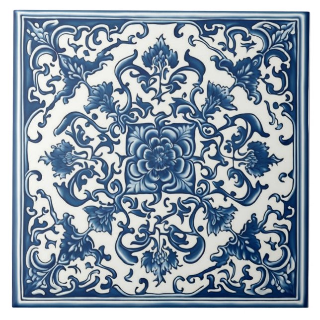 De Cerâmica Azulejo Azul & Branco Clássico, Floral, Arte Chine (Frente)