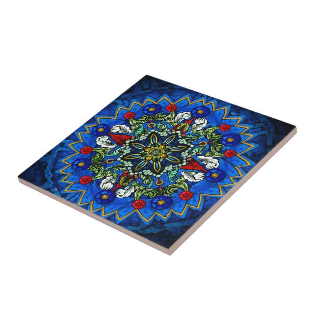 De Cerâmica Azulejo azul da mandala da janela cor-de-rosa (Lateral)