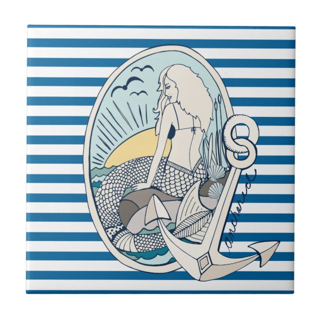 De Cerâmica Azulejo azul e branco da sereia e da âncora da (Frente)