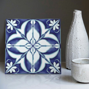 De Cerâmica Azulejo Azul e Branco Floral Simétrico