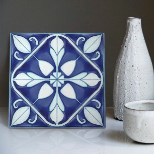De Cerâmica Azulejo Azul e Branco Floral Simétrico