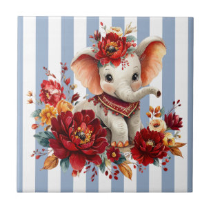 De Cerâmica Azulejo Azul e Branco Listrado Floral Elefante