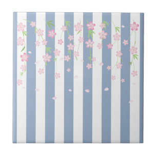 De Cerâmica Azulejo Azul e Branco Listrado Flores Floral