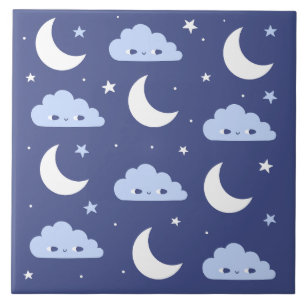 De Cerâmica Azulejo Azul-Marinho Kawaii Lua Estrelas Nuvens