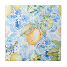 Azulejo Azul Mediterrâneo Limão Amarelo Aquarela