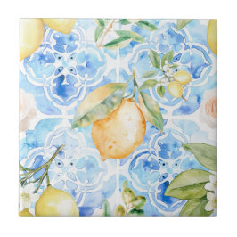 De Cerâmica Azulejo Azul Mediterrâneo Limão Amarelo Aquarela