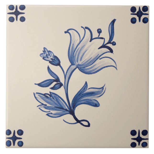 De Cerâmica Azulejo - Azulejo Floral Azul e Marfim (Frente)