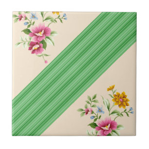 De Cerâmica Azulejo Bege Faixa Verde Floral