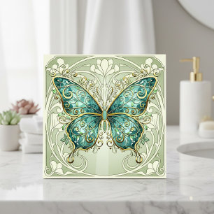 De Cerâmica Azulejo Borboleta Art Nouveau #1 Verde Água ID1222