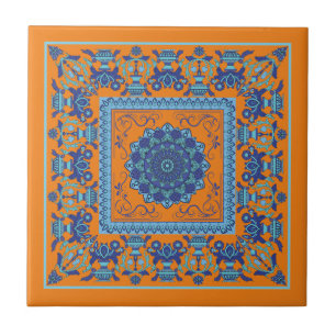 De Cerâmica Azulejo Cerâmico Azul e Laranja com Padrão Islâmic