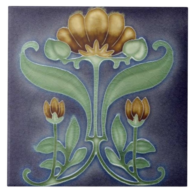 De Cerâmica Azulejo cerâmico - Azulejo floral azul, verde e ca (Frente)