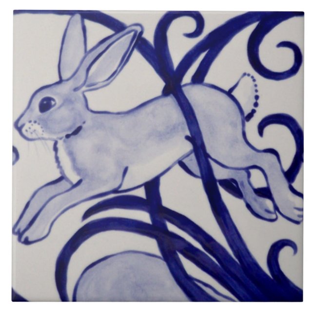 De Cerâmica Azulejo cerâmico com coelho azul e branco Art Deco (Frente)