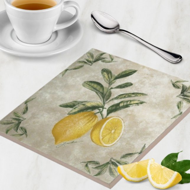 De Cerâmica Azulejo cerâmico com limões Vintage (Vintage European Lemons Stone Texture Neutral Kitchen Tile or Trivet use)