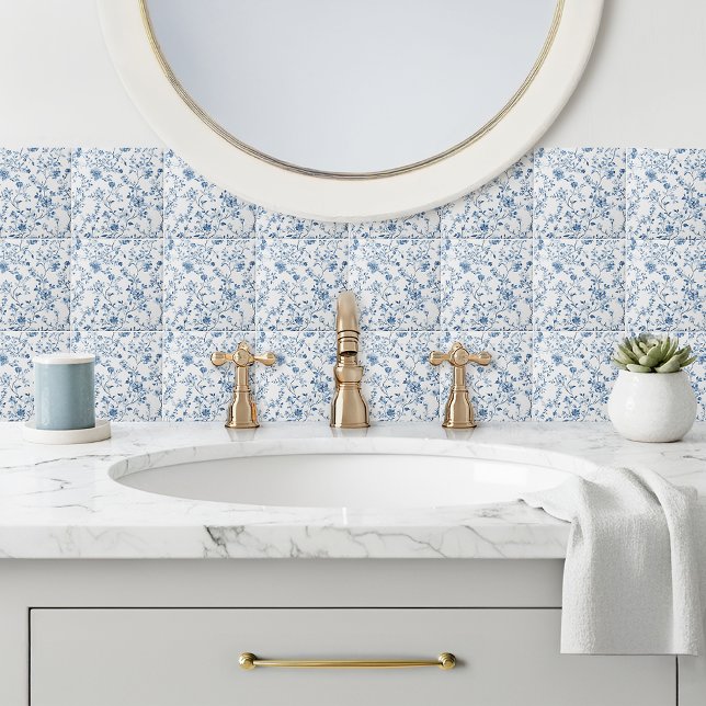 De Cerâmica Azulejo Cerâmico com Padrão Floral Toile Azul Eleg (Elegant toile de jouy patterned tile in blue and white - a timeless classic for your home decor.)
