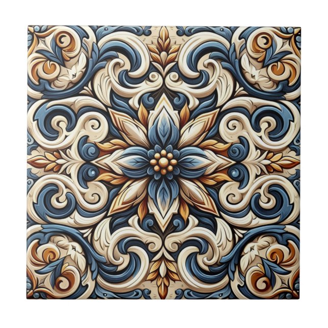 De Cerâmica Azulejo cerâmico - Design azul, Dourado e branco (Frente)