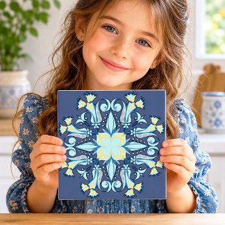 De Cerâmica Azulejo Cerâmico Floral Art Nouveau em Azul Meia-N