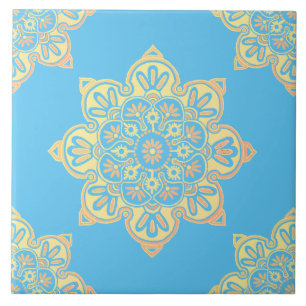 De Cerâmica Azulejo cerâmico, medalhão amarelo no azul-cerulia