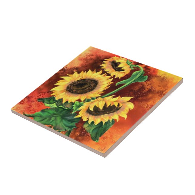 De Cerâmica Azulejo cerâmico pintado com três Sunflower (Lateral)