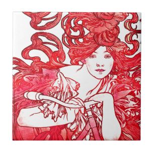 De Cerâmica Azulejo da senhora Mucha Vermelho Cabelo Bicicleta