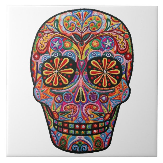 De Cerâmica Azulejo decorado caveira bordada (Frente)