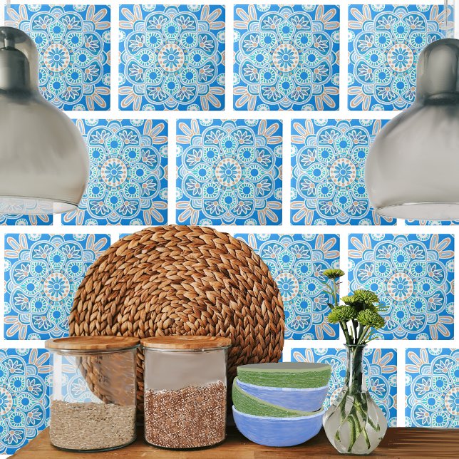 De Cerâmica Azulejo decorativo cerâmico com geometria azul-cla (Light blue boho tile shown on a kitchen backsplash.)