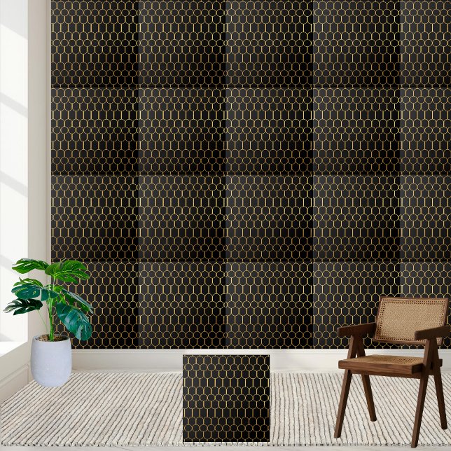De Cerâmica Azulejo Decorativo Preto e Dourado Moderno (Modern Black and Gold Decorative Tile)