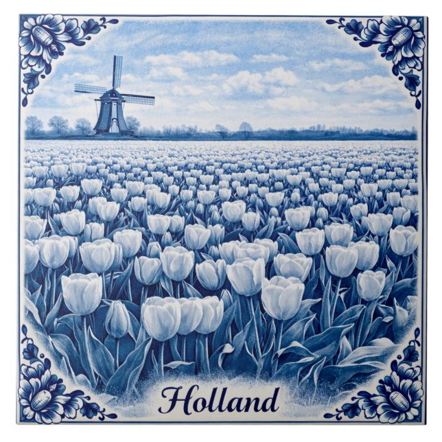 De Cerâmica Azulejo estilo Delft Blue com tulipas da Holanda (Frente)
