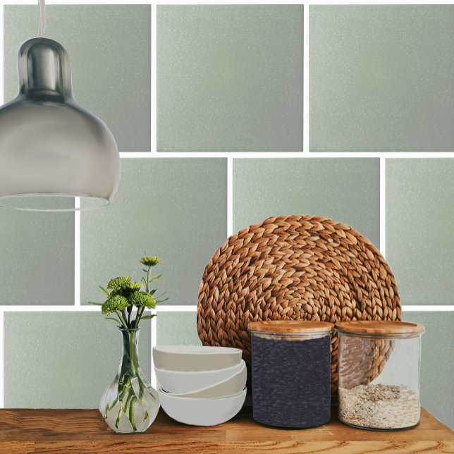 De Cerâmica Azulejo Fern Verde Cerâmico Específico (Speckled Fern Green tile, on a kitchen backsplash.)