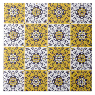 De Cerâmica Azulejo Floral Amarelo e Azul Mediterrâneo