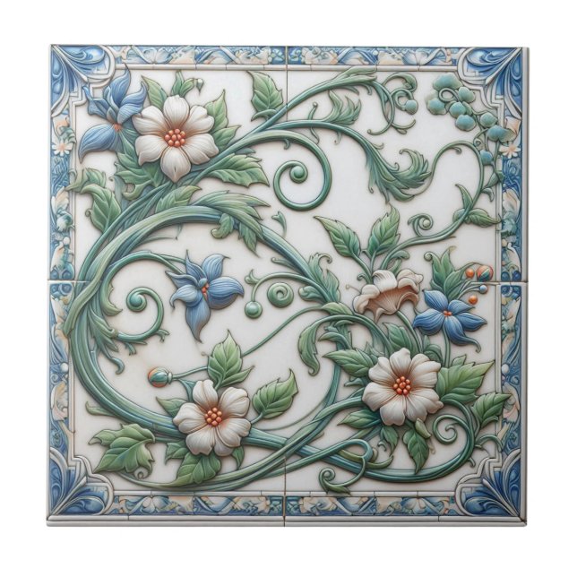 De Cerâmica Azulejo Floral Azul e Branco (Frente)
