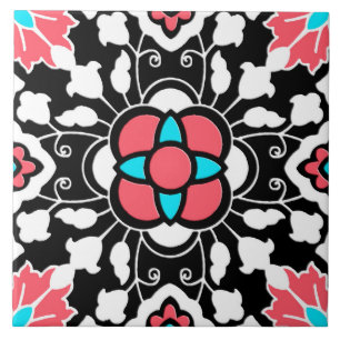 De Cerâmica Azulejo floral marroquino, preto, branco e rosa-co