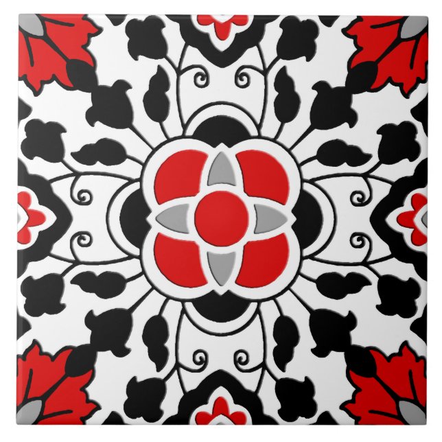 De Cerâmica Azulejo floral marroquino, vermelho profundo, pret (Frente)