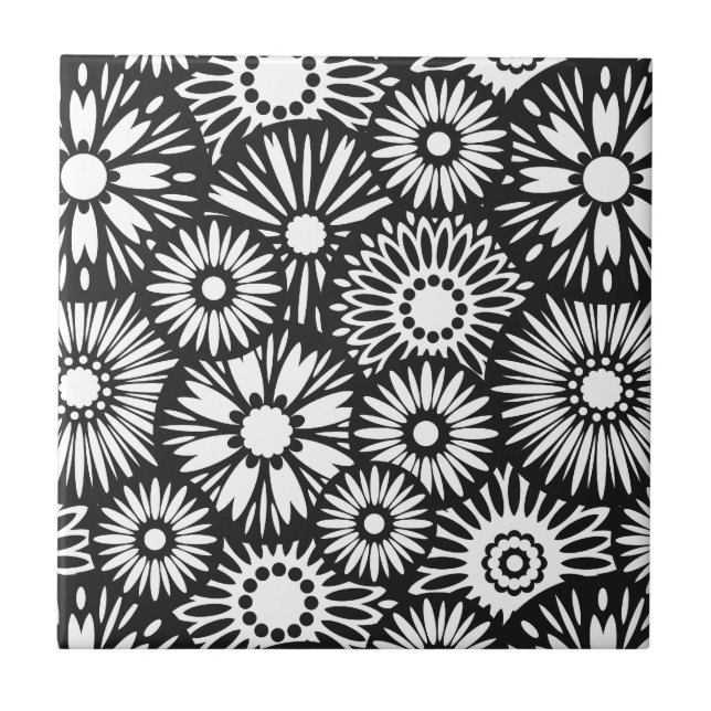 De Cerâmica Azulejo floral preto e branco (Frente)