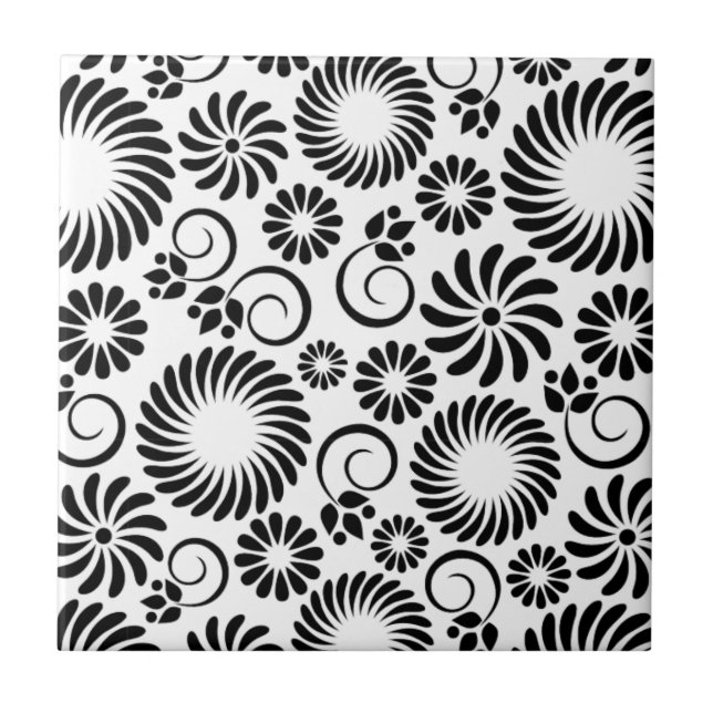 De Cerâmica Azulejo floral preto e branco (Frente)