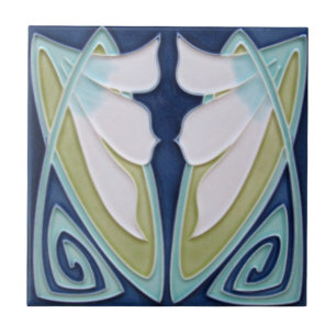 De Cerâmica Azulejo - Fundo Azul Art Nouveau Flores Brancas