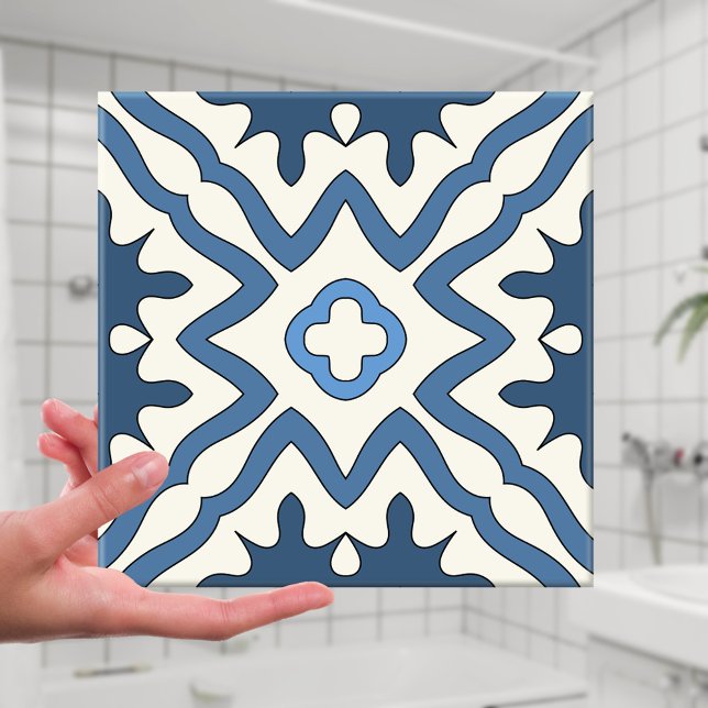 De Cerâmica Azulejo Geométrico Azul-Ivory Grego Inspirado (Abstract geometric design Mediterranean bathroom tile in different shades of blue with ivory)