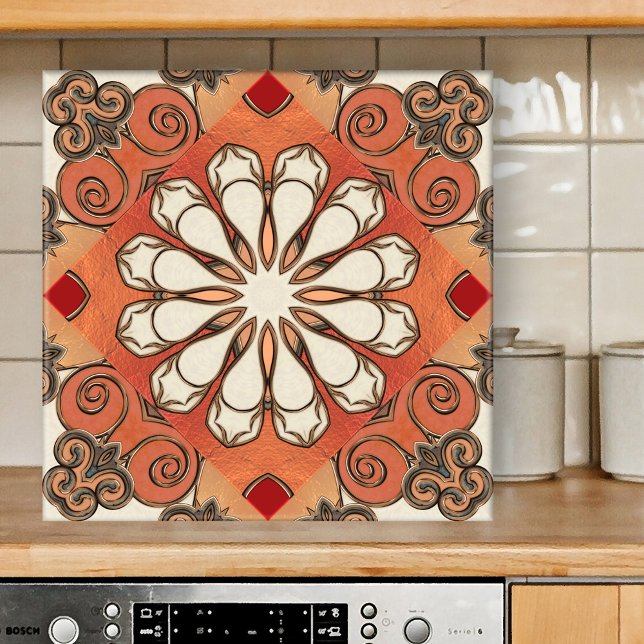 De Cerâmica Azulejo Geométrico Cerâmico com Padrão Terrestre M (Tile featuring an abstract floral geometric pattern in Moroccan Mediterranean style in earth tones)