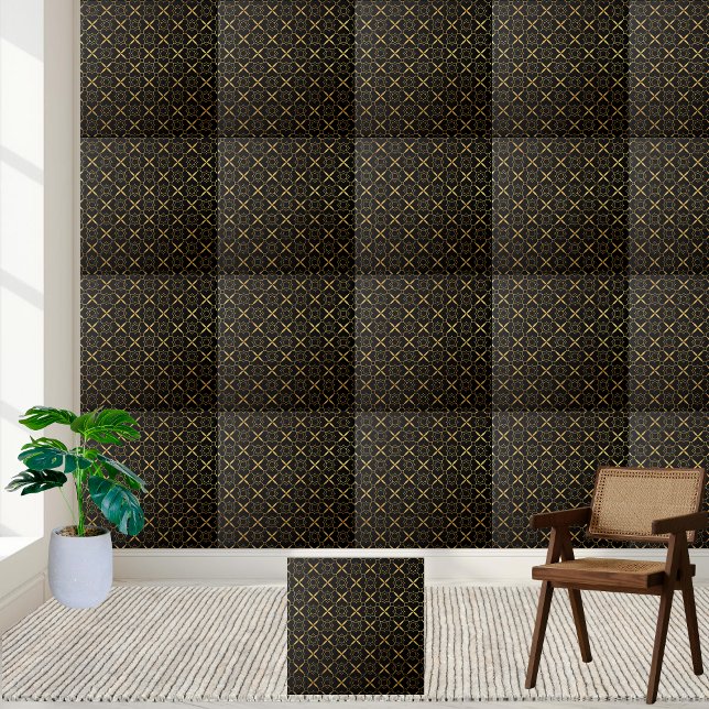De Cerâmica Azulejo Geométrico Dourado e preto sofisticado (Sophisticated Black and Gold Geometric Tile)