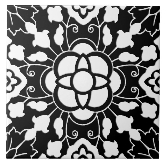 De Cerâmica Azulejo marroquino floral, preto e branco (Frente)