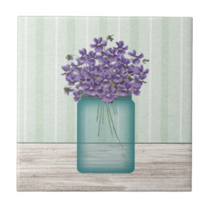 De Cerâmica Azulejo Mason Jar Violets